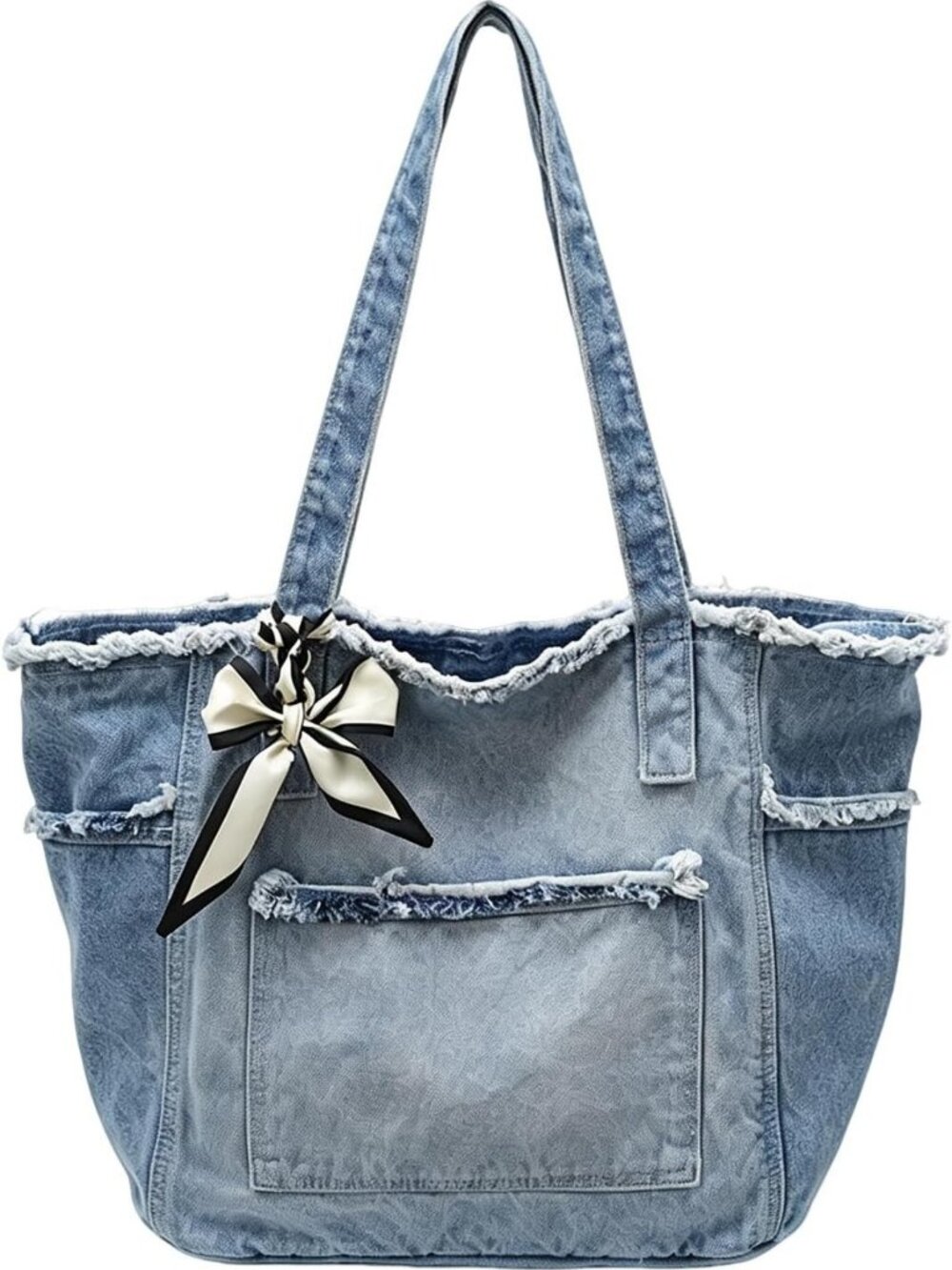 Large Denim Tote Bag - Retro Blue, Frayed Edges, Comfy Shoulder Strap, Outer